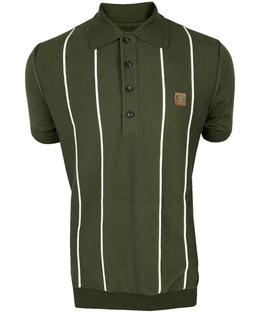 Trojan Records Fine Gauge Knit Raised Stripe Polo Olive Green