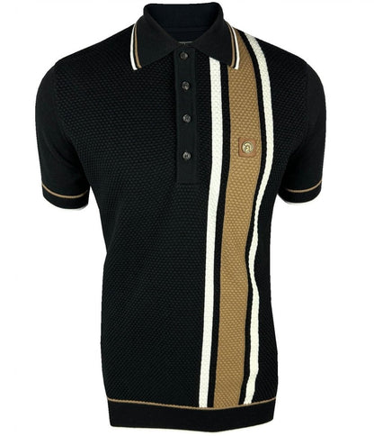 Trojan Records Fine Gauge Texture Racing Stripe Polo Black