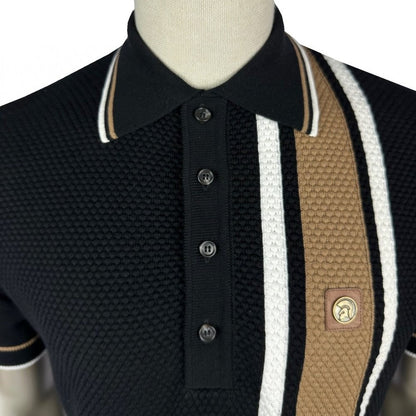 Trojan Records Fine Gauge Texture Racing Stripe Polo Black