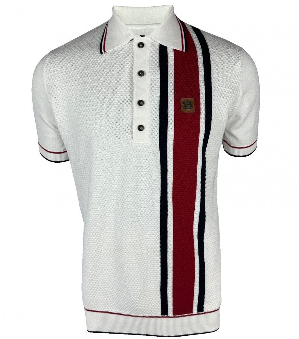 Trojan Records Fine Gauge Texture Racing Stripe Polo Ecru