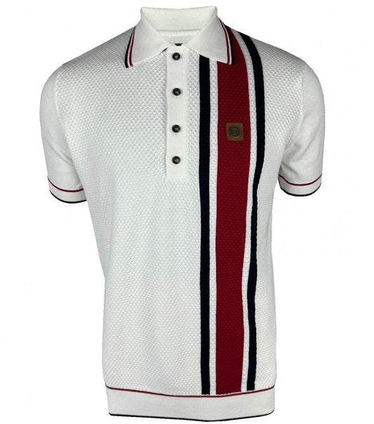 Trojan Records Fine Gauge Texture Racing Stripe Polo Ecru