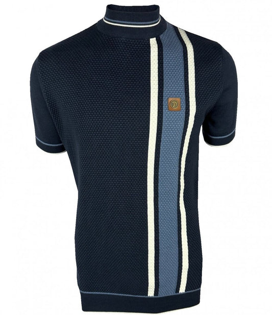 Trojan Records Fine Gauge Texture Knit Racing Stripe Turtle Neck Navy