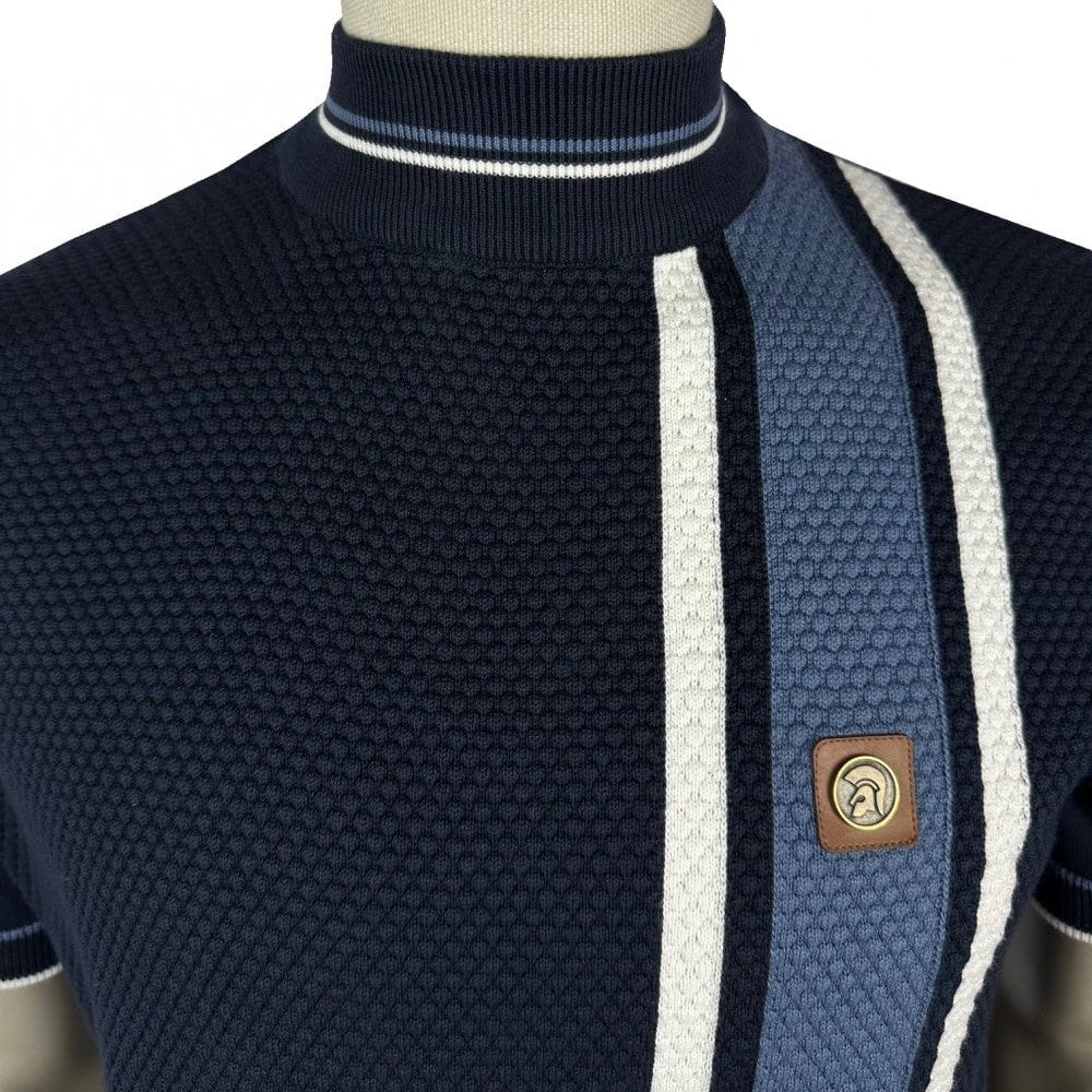 Trojan Records Fine Gauge Texture Knit Racing Stripe Turtle Neck Navy