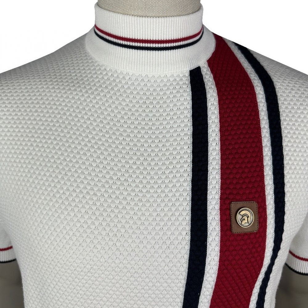 Trojan Records Fine Gauge Texture Knit Racing Stripe Turtle Neck Ecru