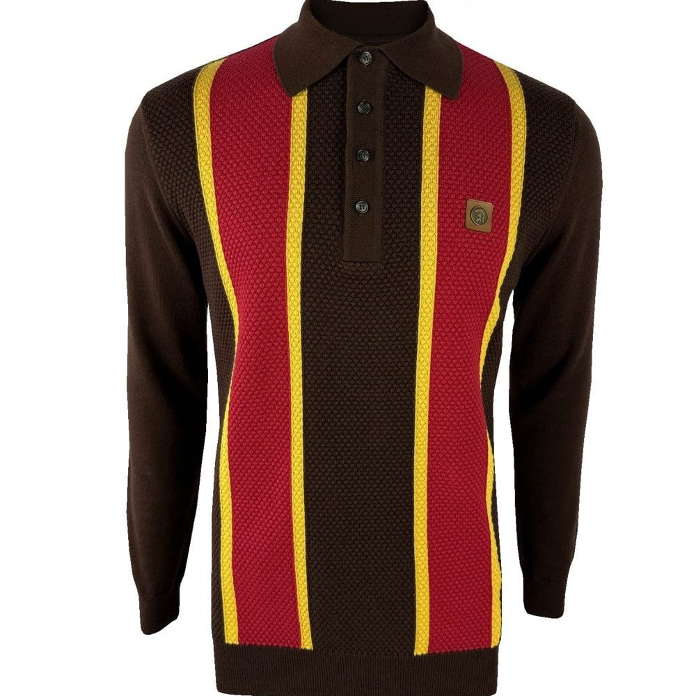 Trojan Records Fine Gauge Knit Textured Stripe Polo Chocolate