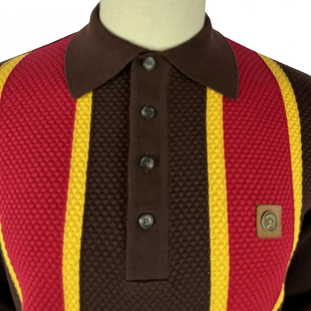 Trojan Records Fine Gauge Knit Textured Stripe Polo Chocolate