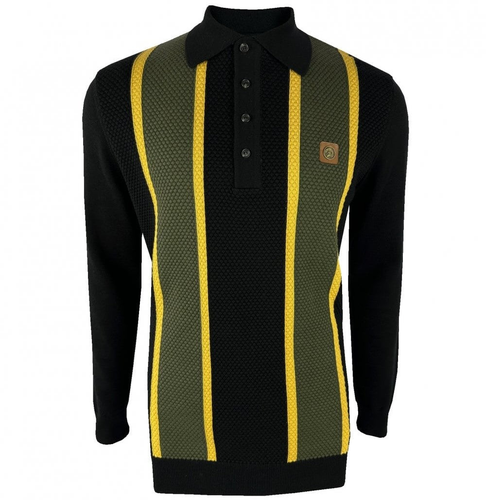 Trojan Records Fine Gauge Knit Textured Stripe Polo Black