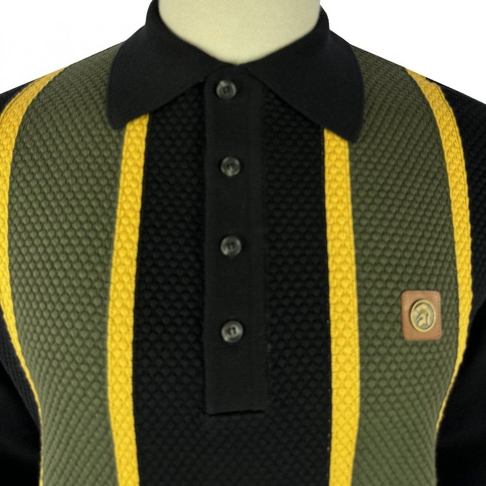 Trojan Records Fine Gauge Knit Textured Stripe Polo Black