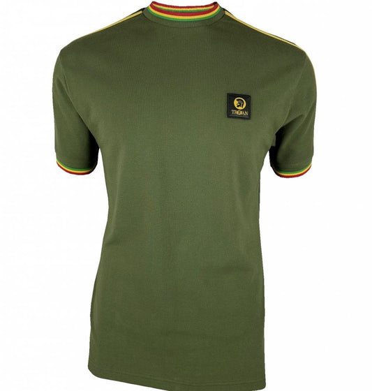 Trojan Records 3 Colour Tipped Pique T-Shirt Olive