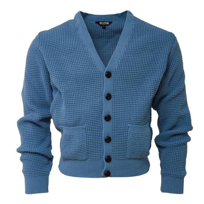 Relco Pocket Waffle Knit Cardigan "leather" Football Buttons Dusty Blue